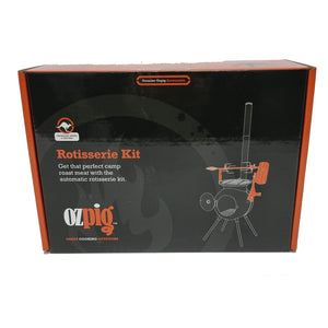 Retail packaging of Ozpig Rotisserie Kit - FireFly Barbecue showing product image and branding for outdoor cooking accessories.