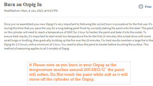 Instructional guide on burning in the Ozpig Series 2, warning about paint softening at 200°C during initial use for proper setup.