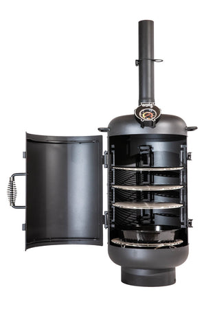 Close-up of Ozpig Oven Smoker Combo with open door revealing four chrome cooking racks for versatile outdoor smoking and grilling.