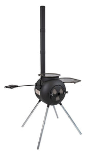 Side view of Ozpig Series 2 Portable Wood Fired BBQ Stove showing extended chimney and cooking plate, perfect for outdoor grilling and warmth.