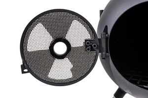 Close-up of Ozpig Series 2 Portable Wood Fired BBQ Stove door with mesh screen, designed for safe and efficient wood burning outdoors.