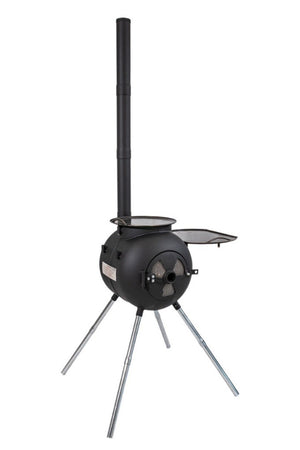 Angled view of Ozpig Series 2 Portable Wood Fired BBQ Stove with open side plate and chimney, great for outdoor grilling and heating.
