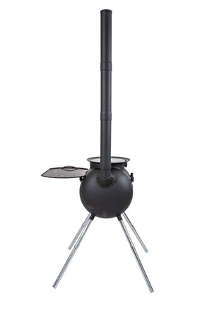 Rear view of Ozpig Series 2 Portable Wood Fired BBQ Stove showing chimney and compact design, suitable for camping and backyard use.