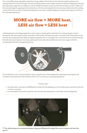 Informational graphic explaining airflow and heat control benefits of Ozpig Vented Door Adjuster for wood fired outdoor cooking stoves.