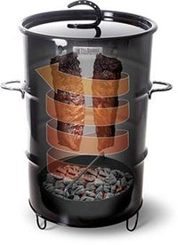 Cross-section of Pit Barrel drum smoker with smoking meat inside
