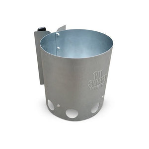 Pit Barrel chimney starter accessory made of durable metal, designed for quick and efficient charcoal ignition for outdoor grilling setups.