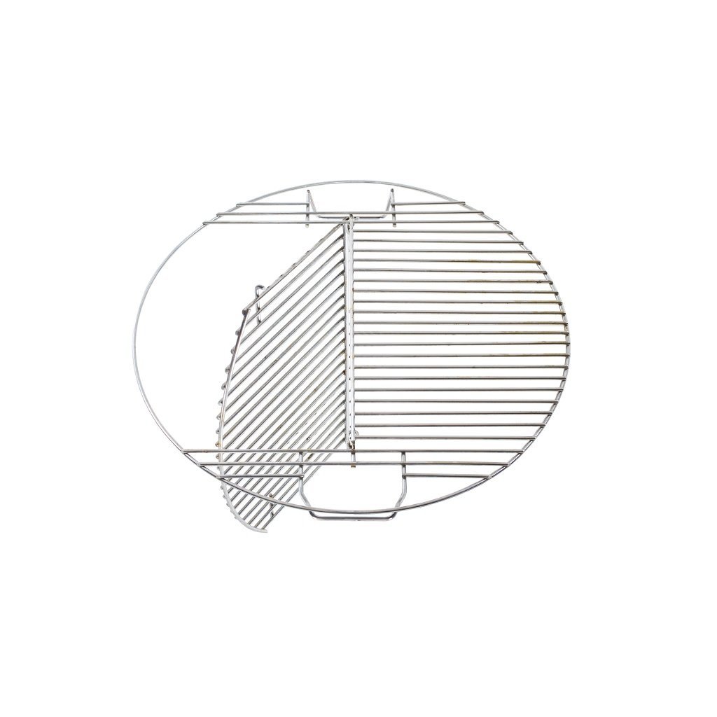 Pit Barrel Hinged Grate from FireFly Barbecue, stainless steel design with foldable section for dual grilling and hanging in outdoor cookers.