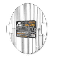 Packaged Pit Barrel Hinged Grill Grate with label, designed for grilling and hanging meats simultaneously in outdoor cooking barrels.