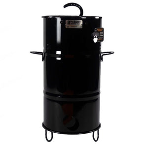 Front view of Pit Barrel Junior drum smoker with handles and vent, designed for efficient outdoor grilling and smoking.
