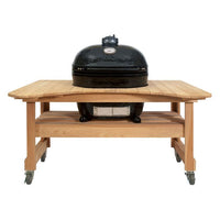 Primo grill with wooden table and wheels for outdoor barbecue
