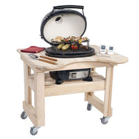 Primo Cypress grill table on wooden cart with wheels for outdoor cooking