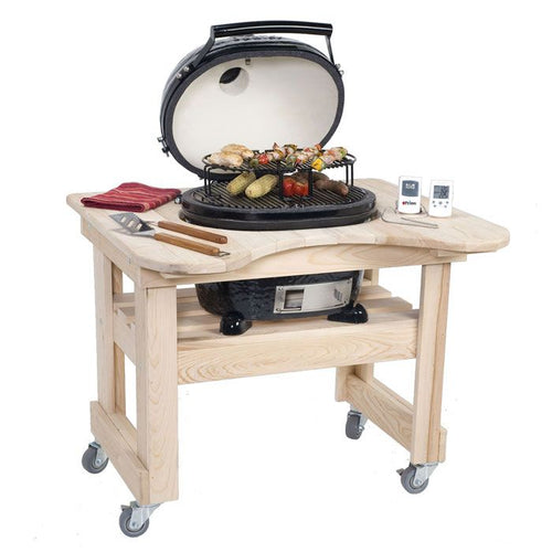 Primo Cypress grill table on wooden cart with wheels for outdoor cooking