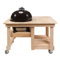 Primo Cypress wood BBQ table with caster wheels for outdoor grill prep