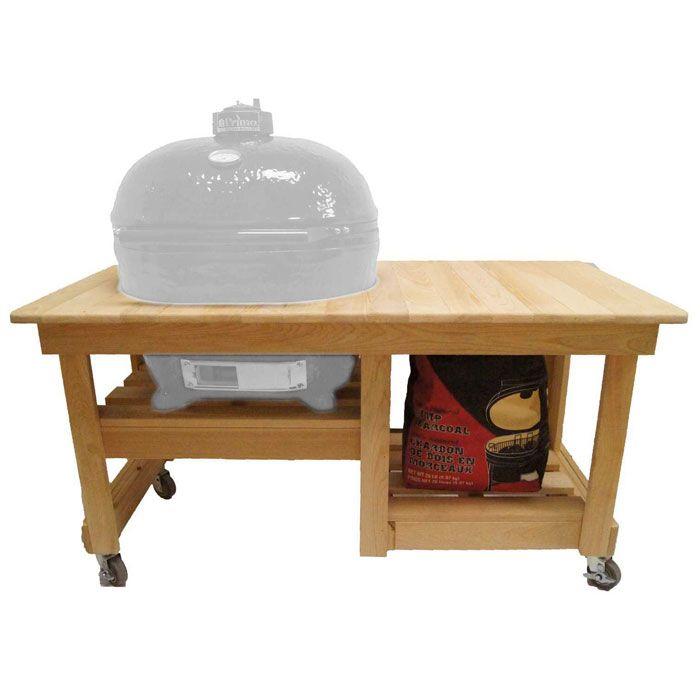 Unfinished Primo Cypress wood BBQ table with storage shelf for outdoor grilling