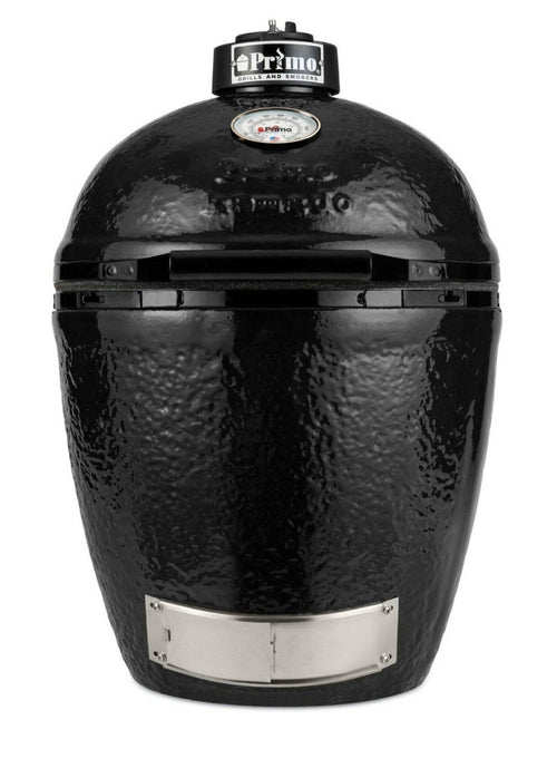 Primo Kamado BBQ Grill - Ceramic Cooking Mastery with cast iron vent and built-in thermometer for precise outdoor grilling performance.