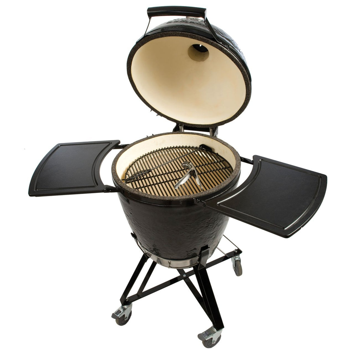 Open Primo Kamado Ceramic BBQ Grill on stand with dual side shelves, showcasing spacious cooking area and premium ceramic interior.