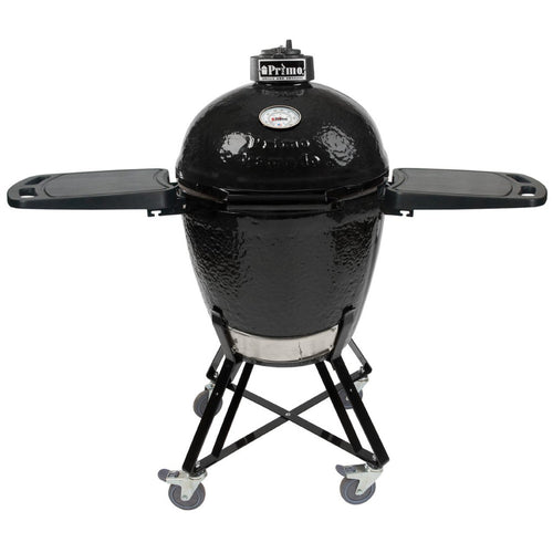 Primo Kamado Round Ceramic BBQ Grill on wheeled stand with foldable side shelves, ideal for outdoor cooking versatility and mobility.