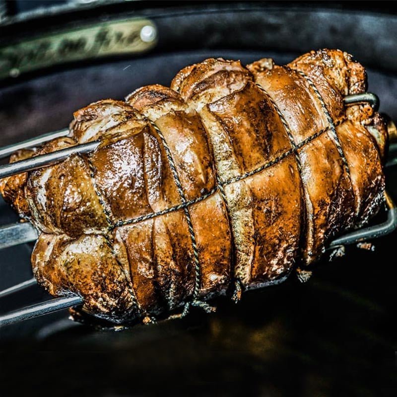 Rotisserie roast cooking on BBQ with Primo Rotisserie Kit