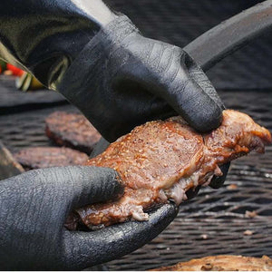 RAPICCA Heat Resistant BBQ Gloves used for handling hot grilled meat directly on the smoker or grill.