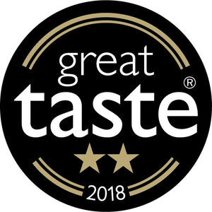 Great Taste 2018 award badge with two stars, highlighting the premium quality of Carolina Reaper Hot Sauce by Firefly BBQ.
