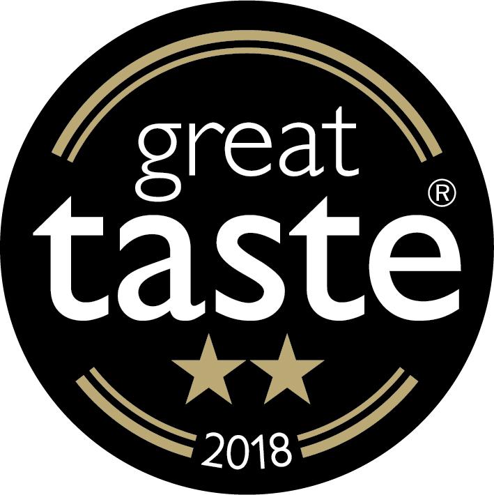 Great Taste 2018 award badge with two stars, highlighting the premium quality of Carolina Reaper Hot Sauce by Firefly BBQ.