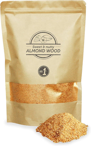 Almond wood smoking dust 1.5L pack labeled 'Sweet & Nutty Almond Wood' from Smokey Olive Wood, perfect for cold smoking meats and cheeses.