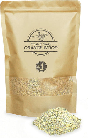 Orange wood smoking dust 1.5L pack labeled 'Fresh & Fruity Orange Wood' by Smokey Olive Wood, ideal for adding citrus notes to smoked dishes.