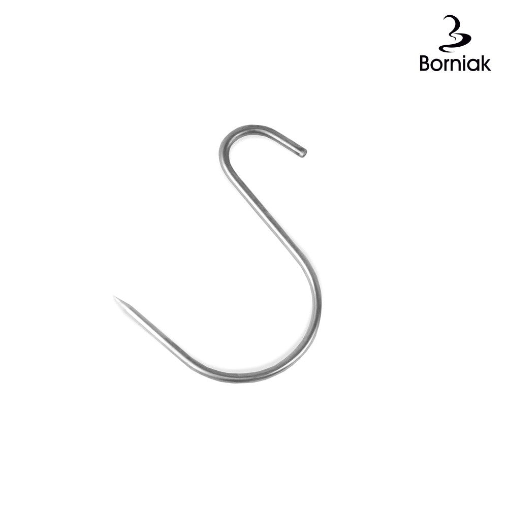 Close-up of stainless steel S-hook for smoking and grilling