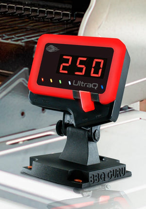 UltraQ BBQ Guru controller mounted on grill with red LED display showing 250°F, perfect for hands-free outdoor cooking control.