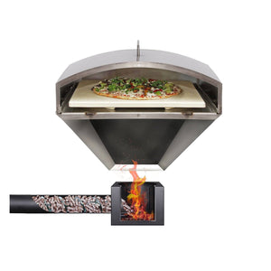 Cutaway view of GMG Wood-Fired Pizza Attachment showing pellet grill heat flow and pizza baking on stone, perfect for gourmet outdoor grilling.